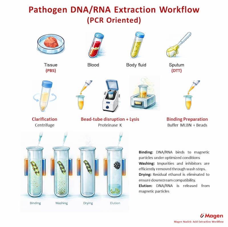 PCR-oriented pathogen DNA/RNA extraction workflow using bead-tube disruption, Proteinase K lysis and magnetic bead purification